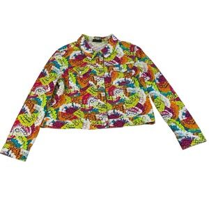 Y2K Cropped Denim Jacket Colorful Floral Print  Maximalist‎ Womens 16P